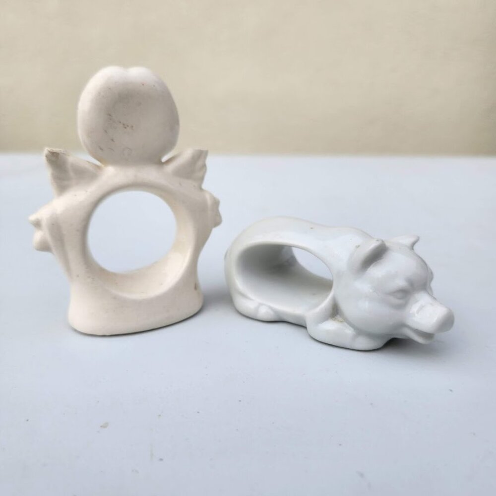Set of 2 Vintage Napkin Rings Holders Ceramic Angel Pig White Bundle